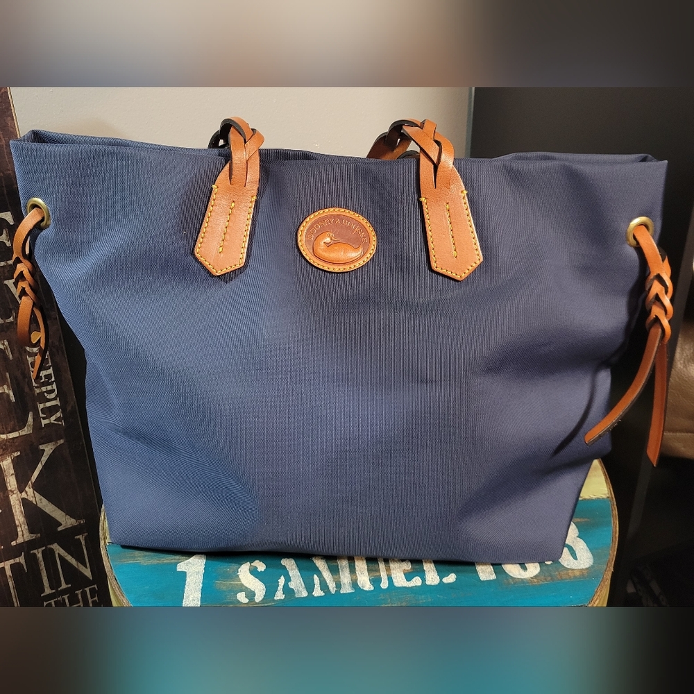 Dooney & Bourke Navy Tote with Brown Leather Trim